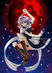 Rule 34 | 1girl, absurdres, bad id, bad pixiv id, boots, bow, braid, female focus, full moon, hair bow, highres, izayoi sakuya, jumping, knife, maid, maid headdress, moon, pocket watch, red eyes, red moon, shawa, short hair, silver hair, smile, solo, embodiment of scarlet devil, throwing knife, touhou, twin braids, watch, weapon