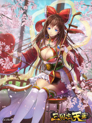 Rule 34 | 1girl, blue eyes, bow, bow (music), branch, breasts, brown hair, cleavage, cleavage cutout, clothing cutout, copyright name, fingerless gloves, gloves, hair bow, instrument, instrument request, large breasts, long hair, miyano akihiro, music, official art, outdoors, petals, playing instrument, red bow, sangokushi tenka, sitting, smile, solo, thighhighs, very long hair, watermark, white gloves, white thighhighs, wide sleeves