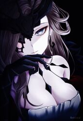 Rule 34 | 1girl, bare shoulders, blonde hair, blue eyes, breasts, cleavage, dark background, dress, eyelashes, eyepatch, eyeshadow, genshin impact, gloves, hand up, highres, jewelry, large breasts, lips, lipstick, long hair, looking at viewer, makeup, signora (genshin impact), smile, strapless, upper body