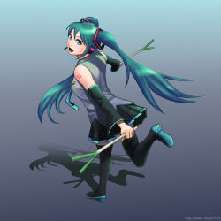 Rule 34 | 1girl, bare shoulders, detached sleeves, green eyes, green hair, hair ornament, hatsune miku, headset, hibal, looking up, matching hair/eyes, shadow, skirt, solo, spring onion, thighhighs, twintails, vocaloid