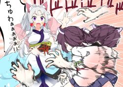 Rule 34 | 2girls, :3, afterimage, ahoge, animal ears, blade, blue skirt, blush, breasts, brown hair, commentary request, emphasis lines, fang, feet out of frame, female pervert, flower knot, fox ears, fox girl, grabbing, grabbing another&#039;s breast, grey hair, groping, hagoromo, headgear, highres, japanese clothes, kimono, konori (ahurerukuiizi), large breasts, long hair, looking at another, motion blur, motion lines, multiple girls, obi, obijime, parted bangs, pervert, pleated skirt, ponytail, purple eyes, raised eyebrow, sash, shawl, short hair, short kimono, siblings, sisters, skin fang, skirt, surprised, sweat, touhoku itako, touhoku kiritan, translated, twintails, voiceroid, white kimono, wide-eyed
