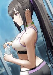 Rule 34 | 1girl, ass, bare shoulders, black hair, black pants, blue archive, bottle, breasts, choker, cityscape, commentary request, cowboy shot, crop top, fagi (kakikaki), from side, green choker, hair between eyes, hair ornament, hair scrunchie, holding, holding bottle, indoors, large breasts, long hair, midriff, pants, parted lips, partial commentary, ponytail, profile, purple eyes, purple scrunchie, scrunchie, sidelocks, solo, sports bra, standing, sumire (blue archive), sweat, sweatband, very long hair, water bottle, white sports bra, window, yoga pants