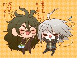 Rule 34 | 2boys, ahoge, android, animal, animal on hand, barefoot, black-framed eyewear, black eyes, blue jacket, brown pants, brown suit, bug, buttons, chibi, collared jacket, collared shirt, commentary request, danganronpa (series), danganronpa v3: killing harmony, fly, flying sweatdrops, formal, glasses, glowing, gokuhara gonta, green hair, green necktie, grey hair, hair between eyes, hand on own cheek, hand on own face, happy, heart, insect, insect cage, jacket, k1-b0, lapel pin, lapels, layered sleeves, light blush, long hair, long sleeves, male focus, messy hair, motion lines, multiple boys, necktie, notched lapels, notice lines, open mouth, orange background, panicking, pants, patterned background, pocket, round eyewear, shirt, short hair, simple background, smile, solid oval eyes, standing, suit, thick eyebrows, translation request, turn pale, v-shaped eyebrows, very long hair, wavy mouth, white shirt, yumaru (marumarumaru)