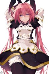 Rule 34 | 1boy, arms behind head, arms up, astolfo (fate), astolfo (saber) (fate), astolfo (saber) (third ascension) (fate), black bow, black bowtie, black pantyhose, black ribbon, bloomers, blush, bow, bowtie, closed mouth, dress, fate/grand order, fate (series), hair between eyes, hair bow, hair intakes, hair ribbon, hirai yuzuki, licking lips, long hair, long sleeves, looking at viewer, male focus, multicolored hair, pantyhose, pink hair, purple eyes, ribbon, simple background, smile, solo, streaked hair, tongue, tongue out, trap, twintails, underwear, white background, white bloomers, white hair