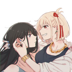 Rule 34 | 2girls, black hair, black tank top, blonde hair, blue nails, bracelet, breasts, chromatic aberration, cleavage, clenched teeth, commentary request, earrings, eye contact, film grain, hair ribbon, hand on another&#039;s head, highres, inoue takina, jewelry, large breasts, light blush, long hair, looking at another, lycoris recoil, matching accessory, matching earrings, multiple girls, nail polish, necklace, nishikigi chisato, one side up, open clothes, open shirt, purple eyes, red eyes, red nails, red ribbon, ribbon, shirt, short hair, simple background, stud earrings, sweatdrop, tank top, teeth, upper body, white background, white shirt, yarou (0tyaro), yuri