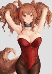 Rule 34 | ajim, animal ear fluff, animal ears, arknights, breasts, brown hair, cowboy shot, fox ears, fox tail, highres, infection monitor (arknights), large breasts, leotard, nashidrop, red leotard, smile, tail, twintails