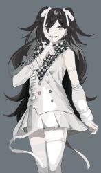 Rule 34 | 1girl, bad id, bad twitter id, brown hair, buttons, checkered clothes, checkered scarf, commentary request, cowboy shot, danganronpa (series), danganronpa v3: killing harmony, double-breasted, garter straps, genderswap, genderswap (mtf), grey background, grey eyes, greyscale, hair over one eye, hair ribbon, highres, if (toutoi0621), index finger raised, long hair, long sleeves, looking at viewer, monochrome, multicolored hair, oma kokichi, pale skin, pleated skirt, ribbon, scarf, simple background, single leg pantyhose, single thighhigh, skirt, smile, solo, thighhighs, white ribbon, white skirt, white thighhighs