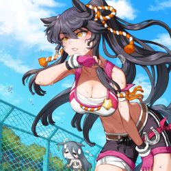Rule 34 | 2girls, = =, b.w., bandaged leg, bandages, bandaid, bandaid on face, bandaid on nose, bare shoulders, black hair, black shorts, blue sky, blush, breasts, chain-link fence, chest sarashi, cleavage, cloud, collarbone, commentary request, cowboy shot, crop top, day, fence, fingerless gloves, gloves, hair between eyes, highres, large breasts, leaning forward, long hair, manhattan cafe (umamusume), midriff, multiple girls, narita brian (umamusume), navel, outdoors, parted lips, pink gloves, ponytail, sarashi, short shorts, shorts, sky, standing, star (symbol), stomach, umamusume, very long hair, yellow eyes
