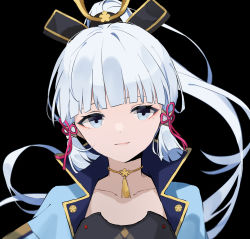 Rule 34 | 1girl, absurdres, armor, atata man, ayaka (genshin impact), black background, blue eyes, blunt bangs, breastplate, choker, collarbone, collared jacket, commentary request, eyeliner, genshin impact, hair ornament, hair ribbon, highres, jacket, long hair, looking at viewer, makeup, mole, mole under eye, open mouth, ponytail, ribbon, sidelocks, simple background, smile, solo, tassel, white hair