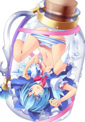 Rule 34 | 1girl, ass, bottle, bottomless, censored, cirno, convenient censoring, cork, in bottle, in container, jar, legs, mikan (bananoha), panties, solo, striped clothes, striped panties, touhou, underwear, upside-down, yousei daisensou