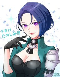 Rule 34 | 1girl, alukubero, armor, asymmetrical hair, black gloves, blue hair, breasts, choker, cleavage, fire emblem, fire emblem: three houses, gloves, green jacket, jacket, large breasts, looking at viewer, nintendo, patterned background, purple eyes, shamir nevrand, short hair, simple background, smile, solo, upper body, white background