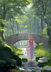 Rule 34 | 1girl, angel, angel wings, blonde hair, blue eyes, bridge, child, dress, highres, holding, holding clothes, holding dress, jewelry, looking at viewer, medium hair, necklace, original, river, scenery, sky, solo, standing, ten can, tree, wading, wings
