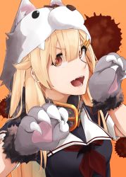 Rule 34 | 1girl, absurdres, animal hands, animal hood, bad id, bad pixiv id, black shirt, blonde hair, collared shirt, dog hood, gloves, grey gloves, hair ornament, hairclip, highres, hood, kantai collection, kumanoko, long hair, looking at viewer, neckerchief, orange background, paw gloves, red eyes, red neckerchief, sailor collar, sailor shirt, shirt, short sleeves, solo, upper body, very long hair, white sailor collar, yuudachi (kancolle)
