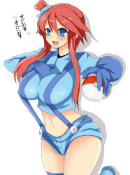 Rule 34 | 10s, 1girl, blue eyes, breasts, creatures (company), game freak, gloves, gym leader, hair ornament, holding, holding poke ball, large breasts, midriff, nintendo, poke ball, poke ball (basic), pokemon, pokemon bw, red hair, ririfu, shorts, skyla (pokemon), solo, suspenders