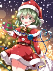 Rule 34 | 1girl, :d, belt, blurry, blurry background, blush, capelet, christmas tree, commentary request, dress, fur trim, gift, green eyes, green hair, hat, heart, heart of string, highres, holding, holding gift, holding sack, komeiji koishi, open mouth, red capelet, red dress, red hat, red skirt, ruu (tksymkw), sack, santa costume, santa hat, short hair, skirt, smile, snowing, solo, third eye, touhou