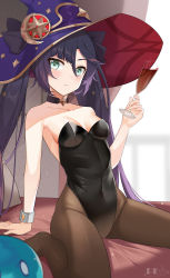 Rule 34 | 1girl, absurdres, alternate costume, aqua eyes, bare arms, bare shoulders, black choker, black hair, black leotard, breasts, brown pantyhose, choker, closed mouth, collarbone, covered navel, cup, drinking glass, genshin impact, hand up, hat, highleg, highleg leotard, highres, holding, kemile, leotard, long hair, looking at viewer, mona (genshin impact), pantyhose, purple hat, sitting, slime (genshin impact), small breasts, solo, strapless, strapless leotard, thick thighs, thighs, very long hair, witch hat, wrist cuffs