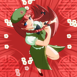 Rule 34 | 1girl, bad id, bad pixiv id, blue eyes, bow, braid, breasts, chinese clothes, clenched hand, dutch angle, emphasis lines, flower, foreshortening, hair bow, hat, hong meiling, leg up, long hair, looking at viewer, motomayo, open mouth, outstretched arm, plum blossoms, red background, red hair, solo, star (symbol), touhou, twin braids