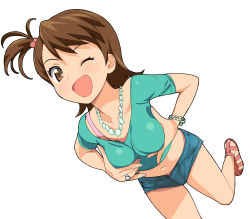 Rule 34 | 1girl, ;d, a1 (initial-g), blush, bracelet, breasts, breasts squeezed together, brown eyes, brown hair, denim, denim shorts, flipped hair, futami ami, highres, idolmaster, idolmaster (classic), jewelry, midriff, navel, one eye closed, open mouth, ring, sandals, short hair, short shorts, shorts, side ponytail, simple background, smile, solo, unbuttoned, wink