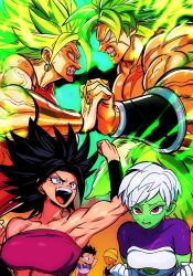 Rule 34 | 3boys, 3girls, angry, armpits, aura, black eyes, black hair, breasts, broly (dragon ball super), cabba, caulifla, cheelai, cheering, colored skin, dragon ball, dragon ball super, fangs, fighting, gloves, green skin, kale (dragon ball), large breasts, lemo (dragon ball), limer0, multiple boys, multiple girls, muscular, muscular female, muscular male, nanika (nnkgh), open mouth, orange skin, red eyes, short hair, smile, spiked hair