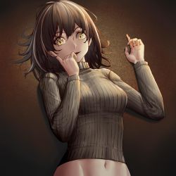 Rule 34 | 1girl, absurdres, arknights, black hair, breasts, brown background, chinese commentary, commentary request, crop top, grey sweater, hands up, highres, long loye, long sleeves, looking at viewer, magallan (arknights), medium breasts, midriff, multicolored hair, navel, parted lips, ribbed sweater, short hair, smile, solo, streaked hair, sweater, turtleneck, turtleneck sweater, upper body, white hair, yellow eyes