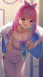 00s1g00 1girl absurdres adapted_costume ahoge aqua_hair blurry blurry_background blush bow braid breasts cleavage collarbone colored_inner_hair covered_groin covered_navel dress earrings gloves heart heart_earrings highres hololive jewelry large_breasts long_hair looking_at_viewer minato_aqua minato_aqua_(aqua_iro_super_dream) multicolored_hair open_mouth pink_bow pink_eyes pink_hair sleeveless sleeveless_dress smile solo streaked_hair string_of_flags sweat tight_clothes tight_dress twitter_username two-tone_hair virtual_youtuber white_dress white_gloves