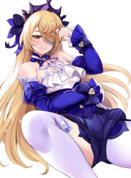 Rule 34 | 1girl, alternate eye color, alternate hairstyle, bare shoulders, blonde hair, blush, breasts, closed mouth, detached sleeves, eyepatch, fischl (ein immernachtstraum) (genshin impact), fischl (genshin impact), frills, genshin impact, hair over one eye, highres, hinata sora, long hair, long sleeves, looking at viewer, lying, official alternate costume, on back, red eyes, simple background, smile, solo, thighhighs, tiara, white background, white thighhighs
