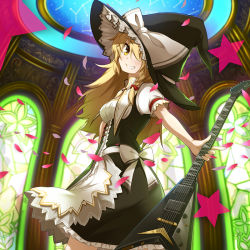 Rule 34 | 1girl, blonde hair, blush, bow, braid, breasts, constellation, dress, electric guitar, guitar, hat, instrument, jackson guitars, kirisame marisa, long hair, looking at viewer, one eye covered, petals, rondo umigame, smile, solo, star (symbol), touhou, underbust, witch hat, yellow eyes