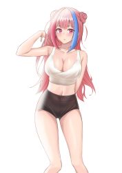 Rule 34 | 1girl, absurdres, arm up, armpits, bare arms, bare shoulders, black shorts, breasts, cleavage, collarbone, crop top, double bun, hair bun, high-waist shorts, highres, long hair, looking at viewer, medium breasts, midriff, mole, mole under eye, multicolored hair, navel, original, parfait desu, parfy (parfait ehmy), parted lips, pink eyes, pink hair, shirt, short shorts, shorts, simple background, sleeveless, sleeveless shirt, solo, stomach, streaked hair, thighs, white background, white shirt
