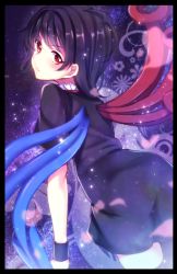 Rule 34 | 1girl, ass, asymmetrical wings, bad id, bad pixiv id, black border, black dress, black hair, black thighhighs, border, dress, houjuu nue, looking at viewer, looking back, red eyes, satomachi, short dress, short hair, solo, star (symbol), starry background, thighhighs, touhou, wings, wristband