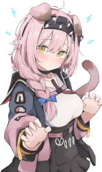 Rule 34 | 1girl, animal ears, antenna hair, arknights, black bow, black collar, black hairband, black skirt, blue bow, blue jacket, blush, bow, braid, breasts, cat ears, cat girl, cat tail, claw pose, collar, goldenglow (arknights), hair bow, hair ornament, hairband, hairclip, hands up, highres, jacket, lanyard, lightning bolt print, lightning bolt symbol, long hair, long sleeves, looking at viewer, medium breasts, multicolored clothes, multicolored jacket, open clothes, open jacket, pink jacket, print bow, print hairband, shirt, simple background, skirt, solo, sweatdrop, tail, tearing up, two-tone jacket, upper body, white background, white shirt, yellow eyes, yuukun mk-ii