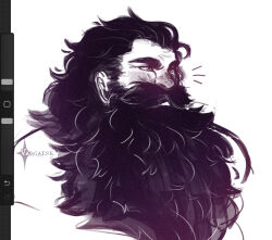 Rule 34 | 1boy, art program in frame, beard, beard over mouth, blush, broad shoulders, dungeon meshi, dwarf, facial hair, fluffy, greyscale, highres, long beard, long hair, looking ahead, male focus, monochrome, notice lines, senshi (dungeon meshi), solo, thick eyebrows, thick mustache, unfinished, upper body, valcaine, very long beard