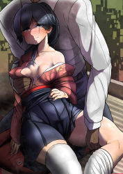 Rule 34 | 10s, 1boy, 1girl, admiral (kancolle), black eyes, black hair, grabbing another&#039;s breast, breasts, cheating (relationship), cleavage, collarbone, commentary request, crying, crying with eyes open, grabbing, grabbing from behind, groping, hakama, hakama skirt, hetero, highres, houshou (kancolle), japanese clothes, jewelry, kantai collection, kimono, konoshige (ryuun), long hair, long sleeves, looking at viewer, netorare, ponytail, ring, skirt, solo focus, tasuki, tears, white legwear