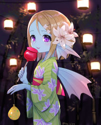 Rule 34 | 1girl, bamboo, blonde hair, blue skin, blurry, blurry background, blush, candy apple, closed mouth, colored skin, dragon quest, dragon quest x, fins, flat chest, flower, food, from side, green kimono, hair flower, hair ornament, hairclip, head fins, holding, japanese clothes, kimono, kz ripo, lantern, lily (flower), long sleeves, medium hair, night, obi, outdoors, purple eyes, sash, smile, solo, somya (dq10), tongue, tongue out, twitter username, weddie (dq10), white flower, wide sleeves