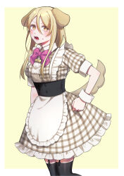 Rule 34 | 1girl, absurdres, alternate costume, animal ears, apron, black thighhighs, blonde hair, blush, border, bow, bowtie, corset, dog ears, dog tail, dress, frilled apron, frills, garter straps, glaring, hair between eyes, hand on own hip, highres, ichiko (this communication), long hair, looking at viewer, name tag, nishi no chigo, open mouth, orange eyes, outside border, pink bow, pink bowtie, plaid, plaid dress, puffy short sleeves, puffy sleeves, short sleeves, simple background, solo, sweat, tail, thighhighs, this communication, underbust, v-shaped eyebrows, waitress, white apron, white border, wrist cuffs, yellow background