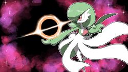 Rule 34 | 1girl, arm up, black hole, blacknirrow, bob cut, closed mouth, colored skin, creatures (company), female focus, flat chest, galaxy, game freak, gardevoir, gen 3 pokemon, green hair, green skin, hair over one eye, hand up, happy, highres, leg up, looking to the side, multicolored skin, nintendo, one eye covered, outline, outstretched arm, pokemon, pokemon (creature), red eyes, short hair, smile, solo, space, standing, standing on one leg, star (sky), two-tone skin, white outline, white skin