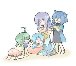 Rule 34 | 4girls, :3, :d, ^ ^, age difference, aged down, ahoge, all fours, animal hands, black eyes, bloomers, blue hair, blunt bangs, blush, bobby socks, bow, bow legwear, braid, child, closed eyes, clover, dog tail, dress, flat color, flower, four-leaf clover, glasses, gradient hair, hair bow, hair flower, hair ornament, hair ribbon, happy, holding, inu-t, lap pillow, light smile, long hair, looking at another, mama-t, me-tan, mother and daughter, multicolored hair, multiple girls, nt-tan, open mouth, os-tan, pantyhose, ponytail, puffy sleeves, purple hair, ribbon, rimless eyewear, robot ears, shadow, shirt, short hair, short sleeves, sidelocks, simple background, smile, socks, tail, twin braids, underwear, white background, white legwear, xp-tan