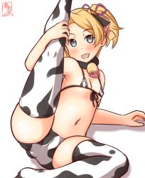 Rule 34 | 1girl, alternate costume, animal ears, animal print, artist logo, bell, bikini, blonde hair, blue eyes, butt plug, cameltoe, cleft of venus, commentary request, covered erect nipples, cow ears, cow horns, cow print, cow tail, cowbell, dated, fake animal ears, fake horns, feet out of frame, front-tie top, horns, kanon (kurogane knights), kantai collection, leg up, looking at viewer, maikaze (kancolle), micro bikini, navel, one-hour drawing challenge, parted bangs, ponytail, sex toy, short hair, side-tie bikini bottom, simple background, solo, split, spread legs, swimsuit, tail, thighhighs, white background, white bikini