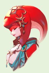 Rule 34 | 1girl, breasts, colored skin, fins, fish girl, hair ornament, hungry clicker, jewelry, long hair, mipha, monster girl, multicolored skin, nintendo, no eyebrows, red hair, red skin, smile, solo, the legend of zelda, the legend of zelda: breath of the wild, zora