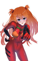 Rule 34 | 1girl, :3, :p, absurdres, artist request, blue eyes, bodysuit, breasts, brown hair, hair between eyes, highres, index finger raised, interface headset, long hair, looking at viewer, medium breasts, neon genesis evangelion, pilot suit, plugsuit, red bodysuit, red headwear, shiny clothes, simple background, smile, solo, souryuu asuka langley, standing, tongue, tongue out, two side up, very long hair, white background
