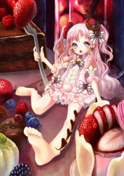 Rule 34 | 1girl, barefoot, blueberry, cake, candy, chocolate, chocolate heart, dress, earrings, feet, food, food-themed hair ornament, fork, fruit, hair ornament, hane segawa, heart, jewelry, long hair, mini person, minigirl, original, oversized object, parfait, pink eyes, pink hair, raspberry, strawberry, twintails