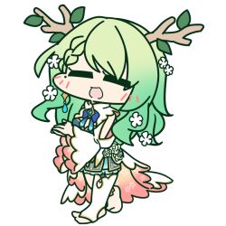 Rule 34 | 1girl, :d, = =, aka shiba, antlers, barefoot, blue bow, blue bowtie, bow, bowtie, braid, braided bangs, cape, ceres fauna, ceres fauna (1st costume), chibi, closed eyes, flat color, full body, gradient hair, green hair, hololive, hololive english, horns, jewelry, mole, mole under eye, multicolored hair, official art, open mouth, own hands together, single thighhigh, smile, solo, thighhighs, toeless legwear, transparent background, two-sided fabric, virtual youtuber, white cape, white thighhighs, wide sleeves