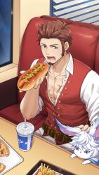 Rule 34 | 00047, 1boy, beard, belt, blue eyes, brown hair, commentary request, creature, eating, facial hair, fate/grand order, fate (series), food, fou (fate), highres, hot dog, long sideburns, male focus, muscular, napoleon bonaparte (fate), pants, pectorals, purple eyes, scar, sideburns, sitting, solo