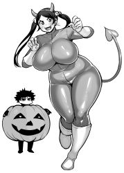 Rule 34 | 1boy, 1girl, bad id, bad tumblr id, bodysuit, boots, breasts, claws, curvy, dekkano!!, demon tail, fake horns, fangs, full body, greyscale, halloween, highres, horns, huge breasts, jack-o&#039;-lantern, long hair, looking at viewer, monochrome, mucchan, plump, pumpkin, simple background, smile, suzurikawa sasha, synecdoche, tail, thick thighs, thighs, twintails, white background, white footwear, wide hips
