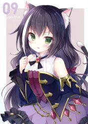 Rule 34 | 1girl, absurdres, animal ear fluff, animal ears, bare shoulders, black dress, black hair, black ribbon, brooch, cat ears, cat girl, cat tail, detached sleeves, dress, gold trim, green eyes, hand up, highres, jewelry, karyl (princess connect!), long hair, looking at viewer, multicolored hair, neck ribbon, parted lips, picpicgram, princess connect!, ribbon, scan, solo, streaked hair, tail, upper body, v-shaped eyebrows, very long hair