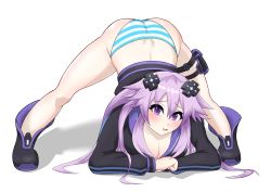 Rule 34 | 1girl, adult neptune, ass, blush, boots, breasts, butt crack, d-pad, d-pad hair ornament, dimples of venus, dress, hair ornament, highres, jack-o&#039; challenge, long hair, looking at viewer, neptune (series), open mouth, panties, purple eyes, purple hair, shadow, shiny skin, short dress, smile, solo, striped clothes, striped panties, top-down bottom-up, underwear, very long hair