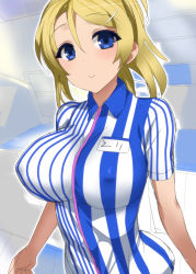 Rule 34 | 10s, 1girl, :&gt;, ayase eli, blonde hair, blue eyes, blush, breasts, clerk, employee uniform, covered erect nipples, hair ornament, hairclip, impossible clothes, kusaka souji, large breasts, lawson, looking at viewer, love live!, love live! school idol project, name tag, ponytail, sketch, smile, solo, uniform
