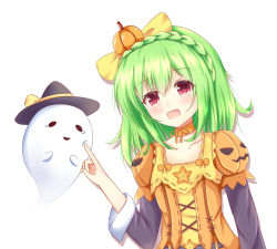 Rule 34 | 1girl, :d, bad id, bad pixiv id, black hat, bow, braid, choker, crown braid, flower knight girl, food-themed hair ornament, ghost, green hair, hair bow, hair ornament, hat, kedama (kedama akaza), layered sleeves, open mouth, orange choker, pepo (flower knight girl), pumpkin hair ornament, red eyes, short hair, smile, solo, upper body, white background, witch hat, yellow bow