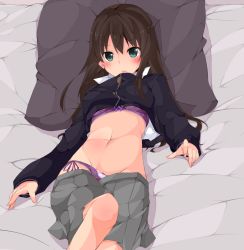 Rule 34 | 10s, 1girl, bed, bed sheet, blush, bra, brown hair, clothes lift, clothes pull, idolmaster, idolmaster cinderella girls, jacket, lingerie, long hair, lying, midriff, navel, on back, on bed, panties, pillow, pleated skirt, plus9, purple bra, purple panties, shibuya rin, shirt lift, side-tie panties, skirt, skirt pull, solo, underwear, undressing
