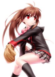 Rule 34 | 1girl, :&lt;, ahoge, baseball glove, black jacket, black socks, blazer, bloom, bow, bowtie, brown hair, closed mouth, feet out of frame, floating hair, grey skirt, hair between eyes, highres, jacket, kneehighs, knees together feet apart, light blush, little busters!, little busters! school uniform, long hair, long sleeves, miniskirt, natsume rin, non-web source, pink bow, pink bowtie, pitching, plaid, plaid skirt, pleated skirt, ponytail, red eyes, school uniform, serious, simple background, skirt, socks, solo, standing, v-shaped eyebrows, very long hair, white background, zen (kamuro)