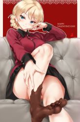Rule 34 | 10s, 1girl, barefoot, black skirt, blonde hair, blue eyes, blush, braid, breasts, chocolate, chocolate on foot, cle masahiro, convenient leg, couch, darjeeling (girls und panzer), dirty, dirty feet, feet, french braid, girls und panzer, hand on own cheek, hand on own face, happy valentine, highres, jacket, legs, long sleeves, looking at viewer, military, military jacket, military uniform, outline, outstretched foot, pleated skirt, red background, short hair, sitting, skirt, smile, soles, solo, thighs, toes, twitter username, uniform, valentine